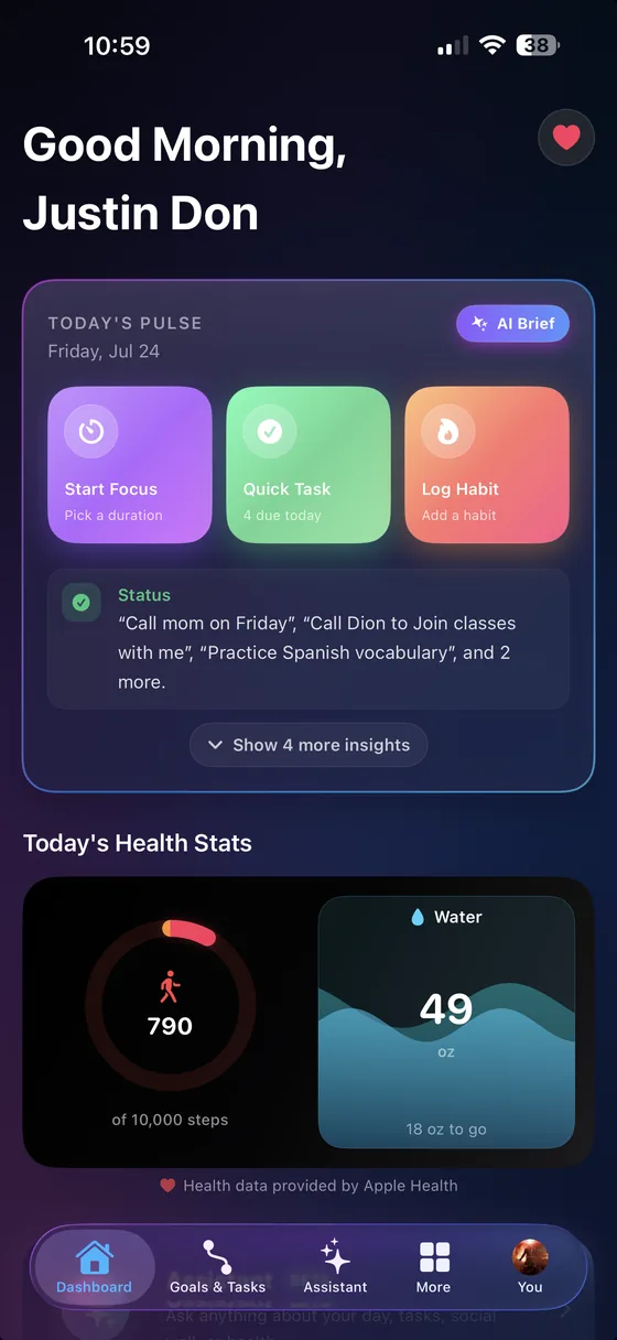The Manager dashboard showing today's plan and health stats